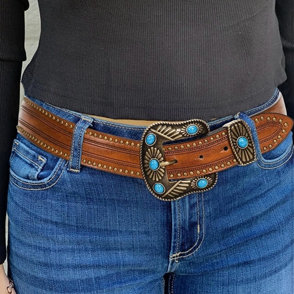 Western-Leather-Belts-Women Vintage Waist-Belts with Hollow Out Flower Buckle… - Picture 5 of 7
